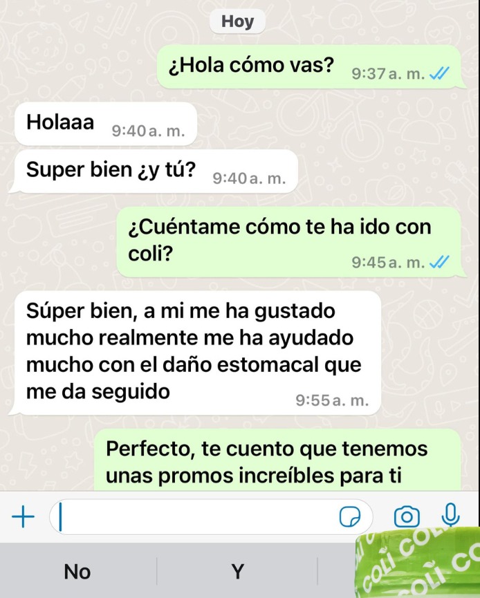 Conversación real de WhatsApp: una clienta cuenta que Coli le ayudó con su malestar estomacal