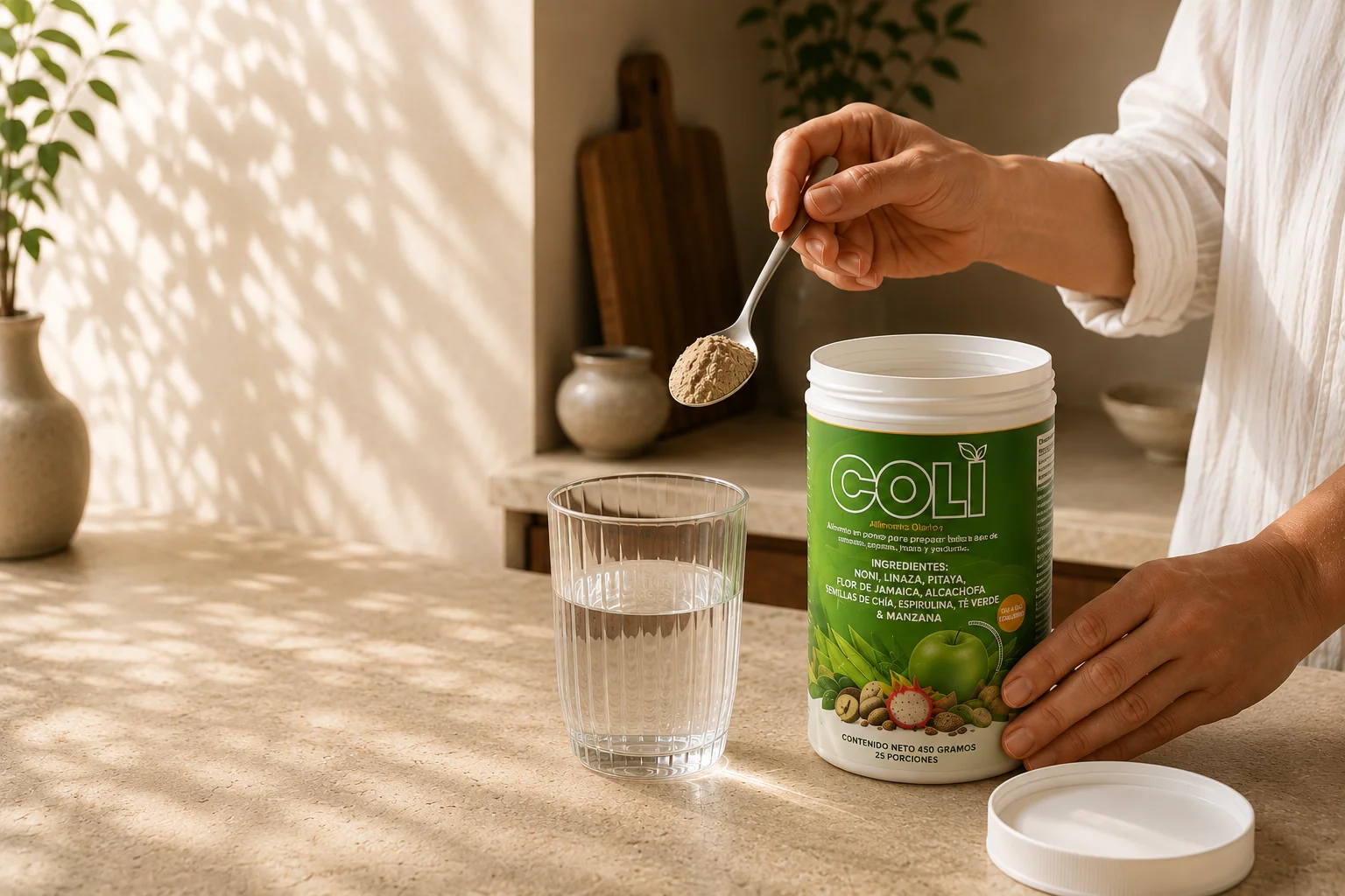 Una mano sostiene una cuchara con polvo Coli sobre un vaso de agua, junto al envase, con luz natural cálida