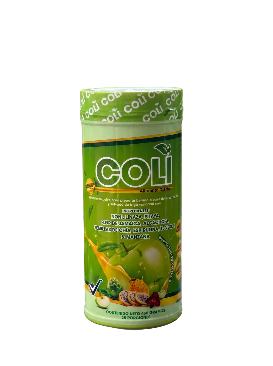 Envase real de Coli Plus alimento en polvo con ingredientes naturales